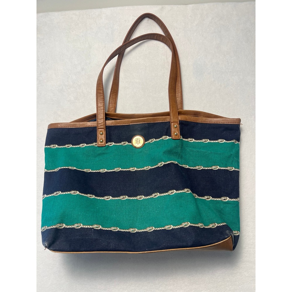 Tommy Hilfiger Large Tote Bag Nautical Preppy Navy Green Striped Canvas Purse